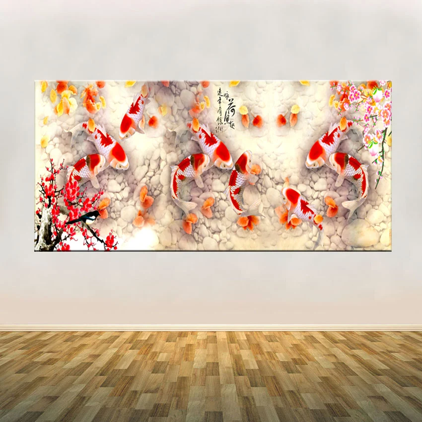 Принт китайский абстрактный девять кои Рыба Лотос картина маслом на холсте плакат фэн-шуй настенная художественная картина для гостиной домашний декор