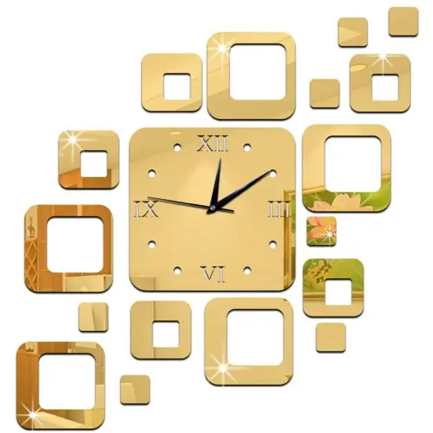 Квадратные Зеркальные золотые серебряные акриловые настенные часы Современный дизайн 3D большие декоративные настенные часы подарок наклейка на стену 1O24