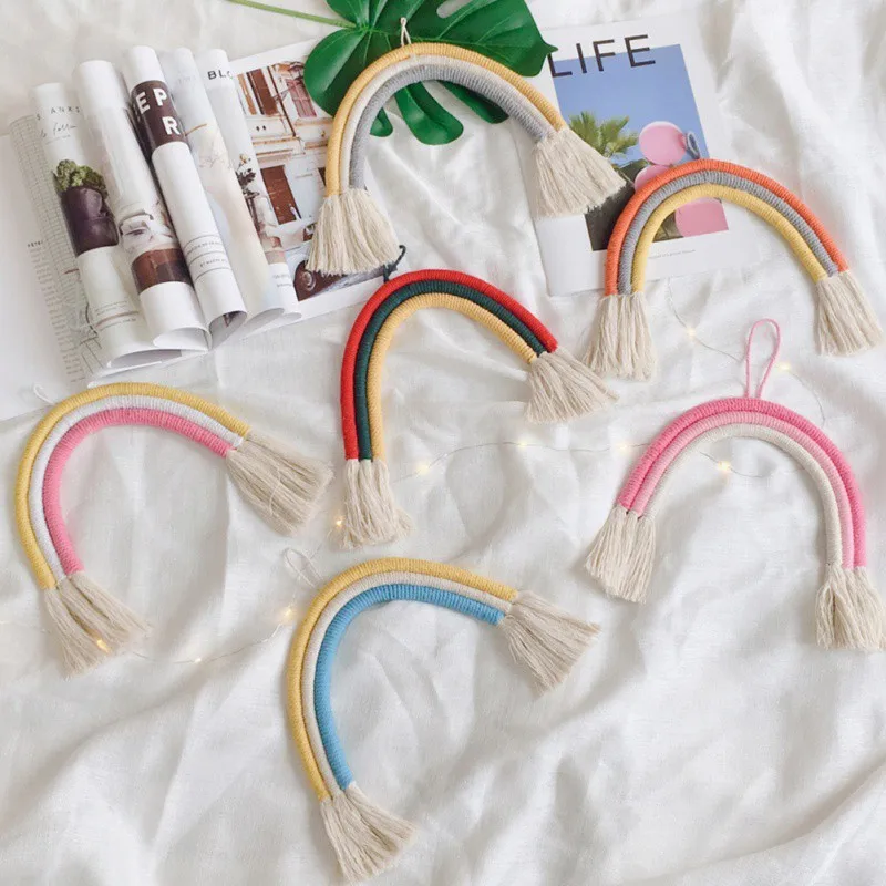

Handmade INS Nordic Rainbow Ornaments Hand-woven Hanging children's room Decoration Ornament Gift Colorful Craft Art Pendant