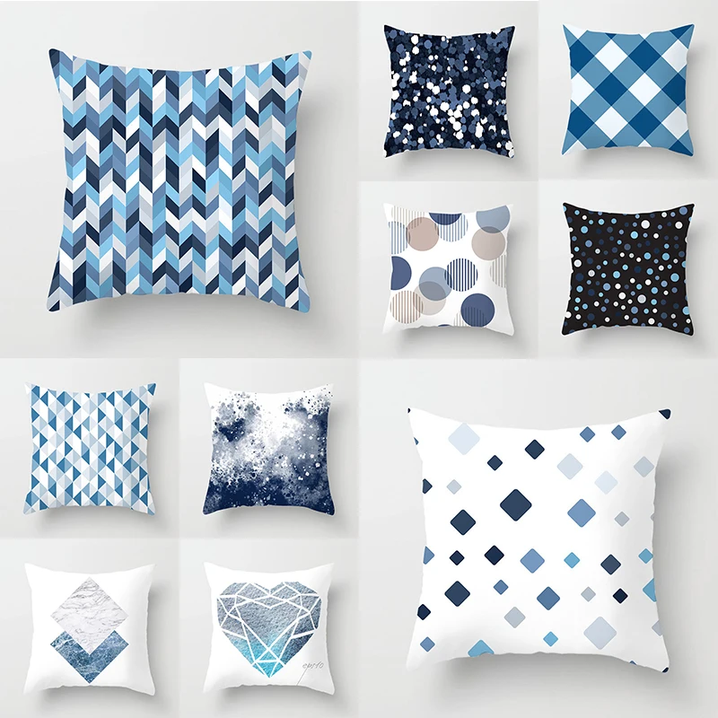 

Fresh Nordic Decor Printed Blue Geometric Diamond Cushion Cover Polyester Heart Pillow Covers Net Pillowcases Pillows Decor Home