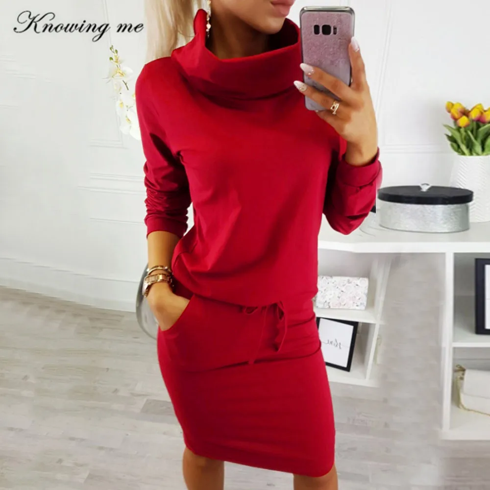 

Knowing me 2018 Elegant Fashion Winter dress Ladies Autumn turtleneck solid Lace-UP Dress women long sleeve with belt dress
