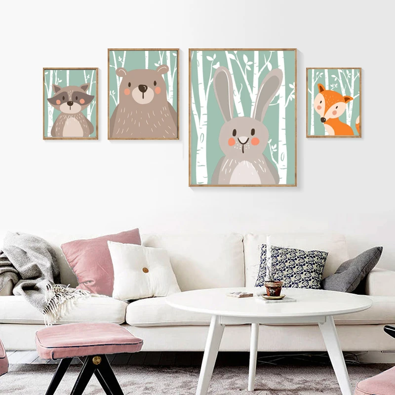 

Fox Canvas Painting Bear/Rabbit Nordic Poster Baby Room Home Decor Animal Canvas Painting Abstract Tree Art For Living Room Wall