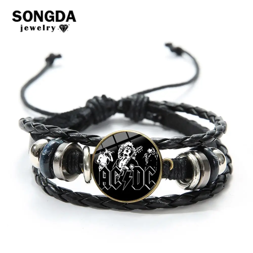 

SONGDA Hot Classic Rock Band AC/DC ACDC Bracelet Multilayer Casual Black Leather Bracelet Bangle Adjustable Rope Fashion Jewelry