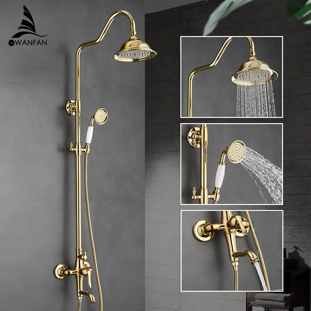 Bath Shower Sets Luxury Gold Brass Shower Faucet Set Single Handle Single Holder Dual Control Bathtub Mixer Hand Shower GY-8336