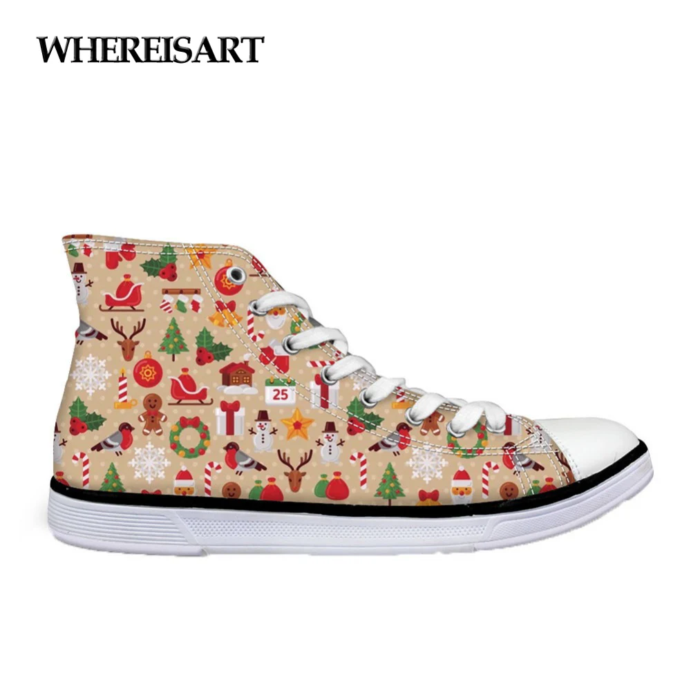 

WHEREISART 2019 Merry Christmas Party Women's Vulcanize Canvas Shoes Classic High-top Flats Ladies Comfort Sneakers Best Gifts