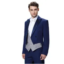 Темно-синий пиджак в стиле ласточкин хвост с заостренным отворотом, Модный комплект из 3 предметов(куртка, брюки, жилет), красивые Популярные костюмы, модные