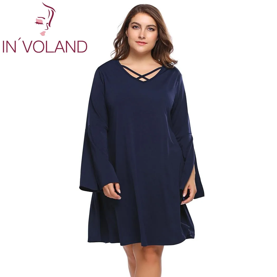 

IN'VOLAND Women Loose Dress Plus Size XL-5XL Spring Autumn Cross V-Neck Long Trumpet Sleeve Solid Dresses Vestidos Big Size