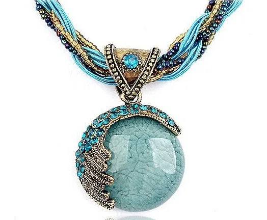 

Fashion Boho Gypsy Ethnic Necklace Vintage Round Gem Crystal Pendant Necklaces Femininos Sweater Chain 5N302
