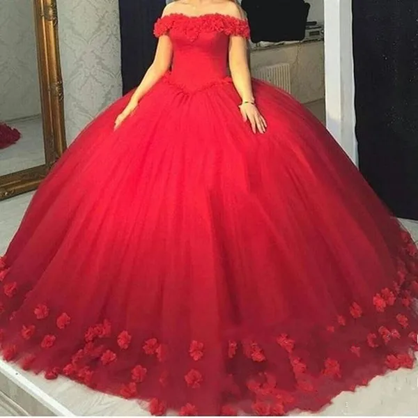 Пышные платья г. Красное Бальное Платье с объемными цветами vestido de 15 anos de debutante милые 16 платья vestido de butante тюль - Цвет: Красный