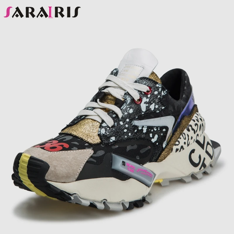 

SARAIRIS 2019 Spring New Ins Hot Patchwork Sneakers Women Split Leather Girl Fashion Platform Shoes Women Casual Shoes Woman