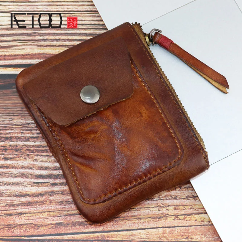 

AETOO Vintage coin purse handmade cowhide key bag mini change card bag multi-functional zipper key storage bag for men and women