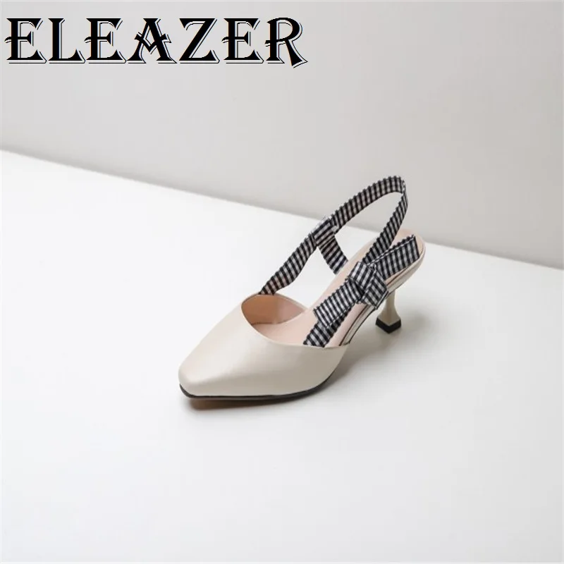 

ELEAZER Women 2019 Summer High Heel Elegent Lace UP Pointed toe Cow Leather Sandals Ladies Casual Shoes