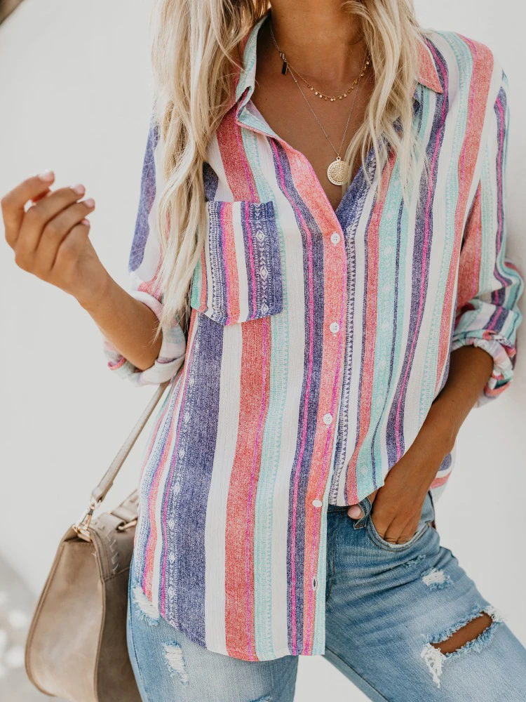 

Women Office Blouse Colorful Striped Pocket Button Shirts Turn Down Collar Flax Rainbow Elegant Blusas Mujer De Moda 2019 Verano