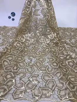 

5 yards high quality with feather embroidered net tulle mesh lace gold french sequins lace fabrics for wedding dress