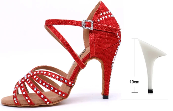 WUXIJIAO/Новинка; обувь для латинских танцев; женская Обувь для бальных танцев; Женская Блестящая Тканевая обувь; блестящие стразы; 5-10 см - Цвет: Red heel 10cm