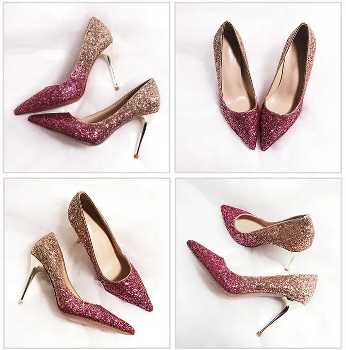 Gold Rose Woman High Heels Pumps Bling Bling Paillette Stiletto Brides