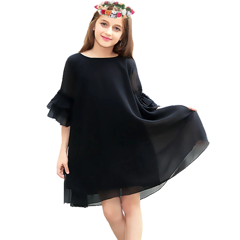 online Meninas grandes Vestido de Idade 10 12 anos de Verão Vestido de Chiffon Alargamento Da Luva Vestido Preto Para A Menina Tamanho 6 7 8 9 adolescente Meninas Roupas