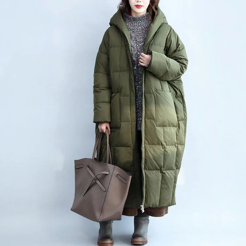 

FYYIYI 2019 Winter New Solid Color Down Jacket Women Long Paragraph Casual Thickening Fashion Long Sleeve Hooded Warm Jacket