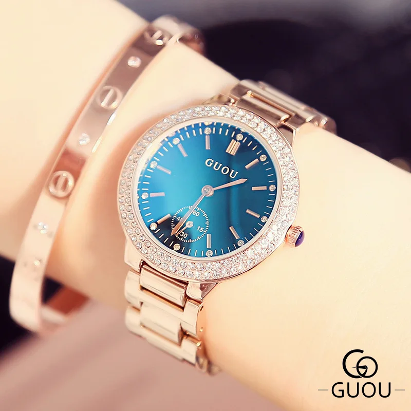 Kopen GUOU Brand Strass Horloge Vrouwen Luxe Full Staal Horloges Horloges Dames Klok saat Hodinky Ceasuri relogio feminino