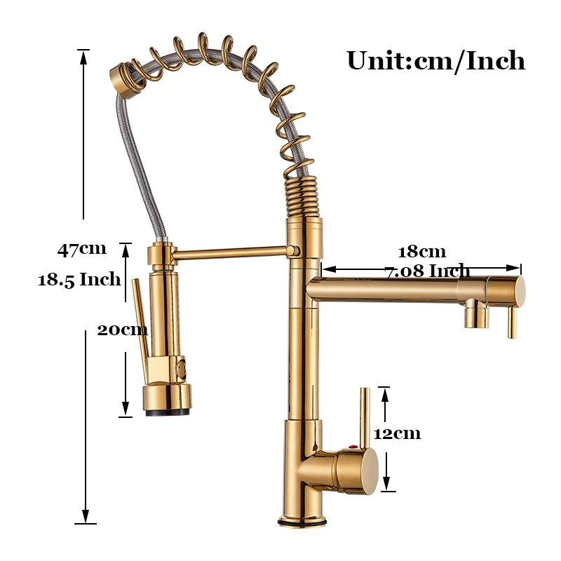 ULGKSD Прямая поставка золотой пружинный выдвижной кухонный кран склад W/крышка 360 двойные носики с одной ручкой кухонный смеситель кран