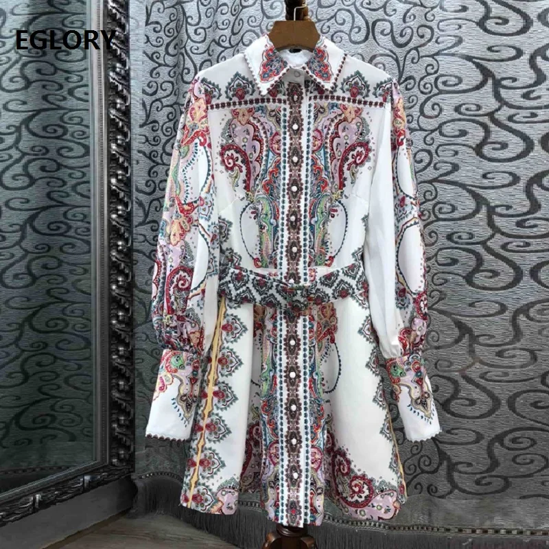 

Top Grade Designer Fashion Dresses 2019 Summer Style Women Turn-down Collar Ethnic Print Long Sleeve Vintage Retro Dress Button