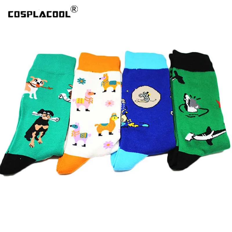 

[COSPLACOOL]Colorful Gift Men Socks Cute Dog Cup Fish Elephant Universe Dot Bird Creative Crew Socks Men Unisex Skateboard Sox
