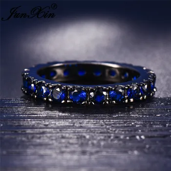 

JUNXIN Vintage Male Female Single Row Stone Round Blue Rings For Men Women Black Gold Filled Stackable Joint Midi Ring Wedding
