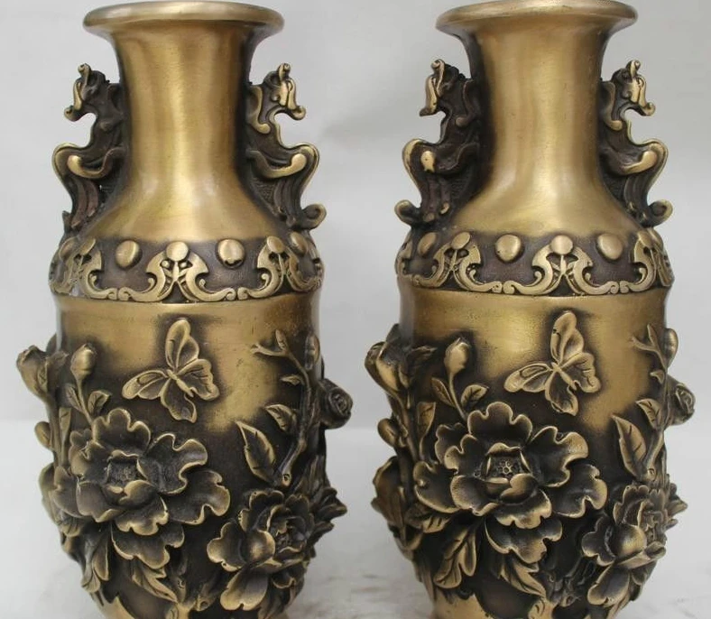 

9"Chinese Dynasty Folk Palace Bronze beautiful flower Bottle Vase Statue Pair