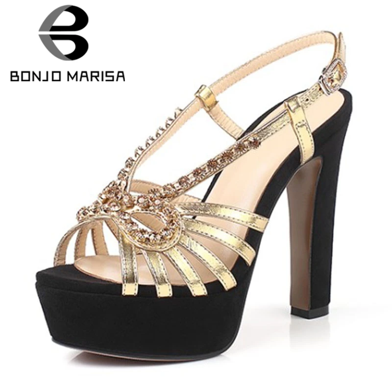 

BONJOMARISA Brand New Big Size 33-40 Ladies High Heels Platform Crystal Shoes Woman Casual Party Office Summer Sandals Female