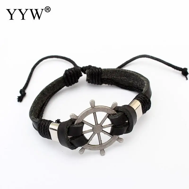 

YYW Hot Sale Wholesale Male Men Wrap Bracelet 22cm Length Adjustable Cowhide Leather Cord Ship Wheel Charm Wristband Bracelets