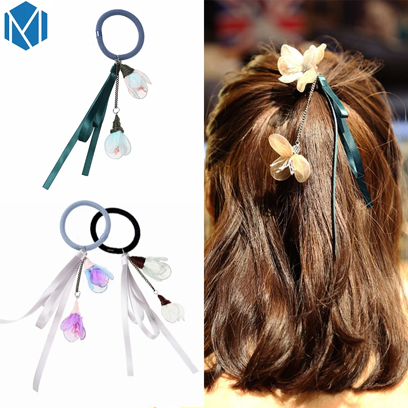 

CMISM Women Sweet Flower Tassel Ribbon Hair Elastic Bands Floral Hair Accessories Holder Fashion Girl Pendant Scrunchy Hair Rope