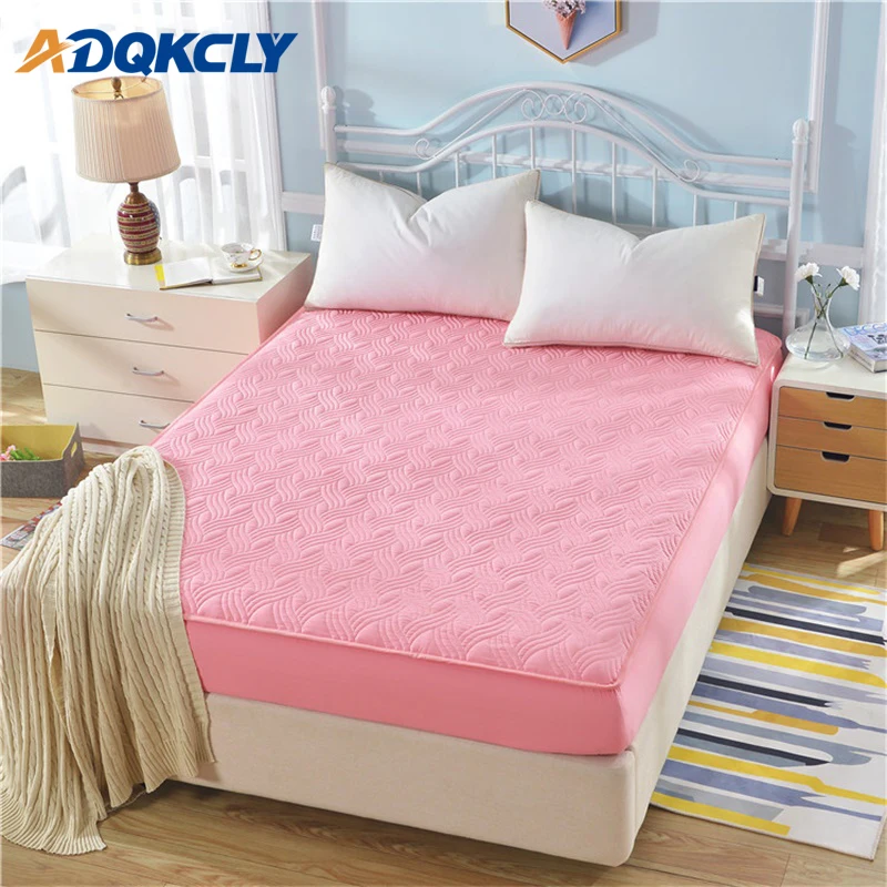 

1pc Pink Color Quilted Bed Mattress Cover Soft Wash Cotton Fabric Bed Fitted Sheet Non-slip Around Elastic Rubber Band Bed Sheet