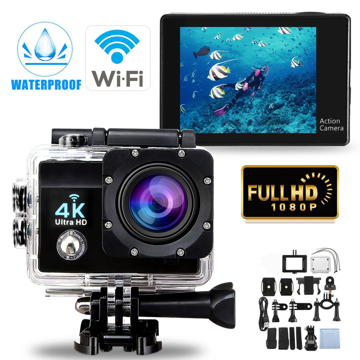 Ultra HD 4K Action Camera 30m waterproof 2.0' Screen 1080p
