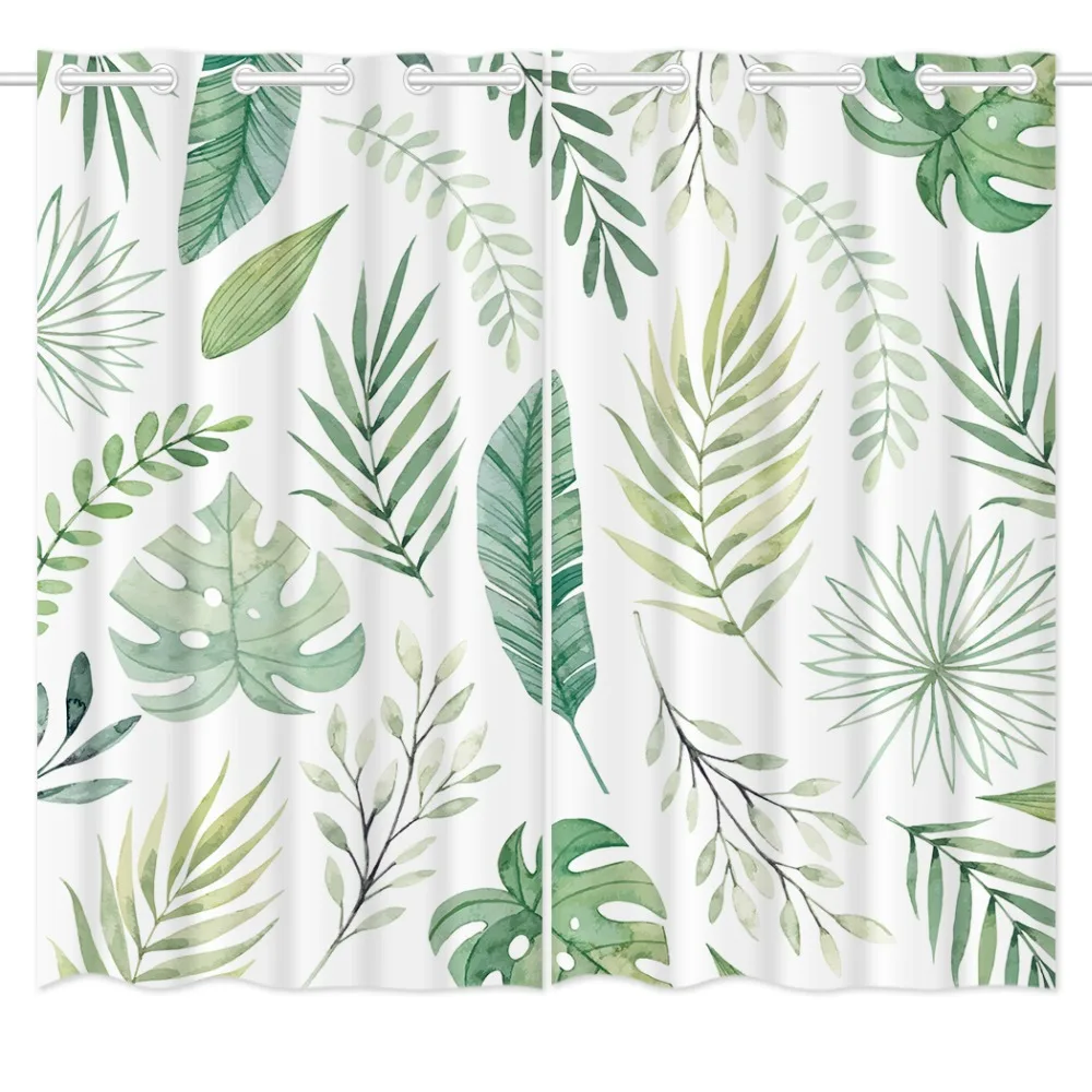 

HommomH Curtains (2 Panel) Grommet Top Darkening Blackout Room Fresh Leaves Tropical Plants Green