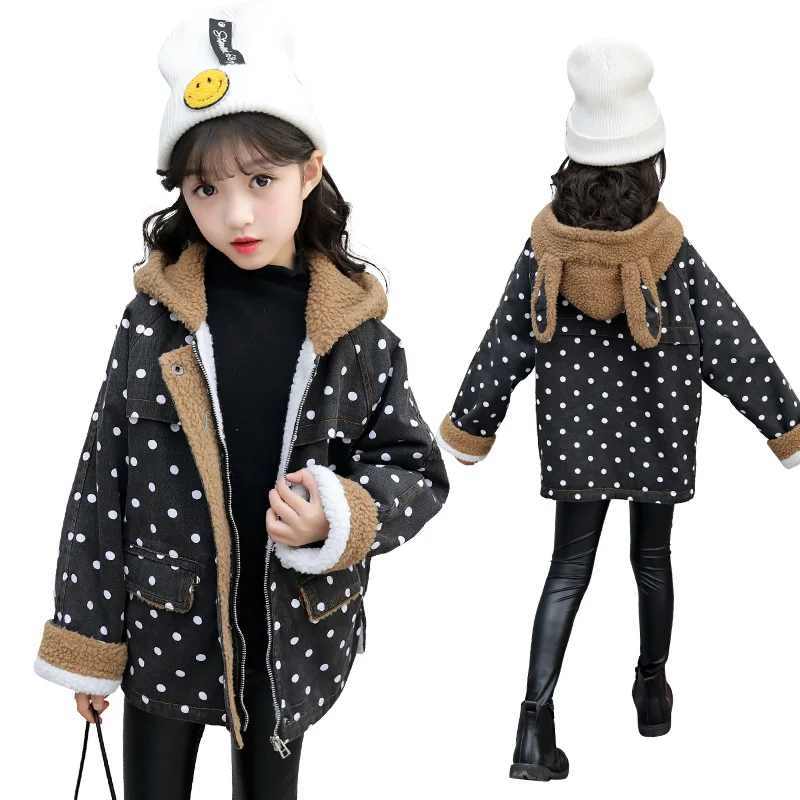 

4-13 year old girl Windbreaker autumn and winter Fashion velvet thickening Dot rabbit ear denim jacket hooded outwear beaut