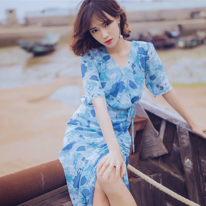 Summer of font b 2017 b font Chiffon Sexy font b Dress b font Deep V