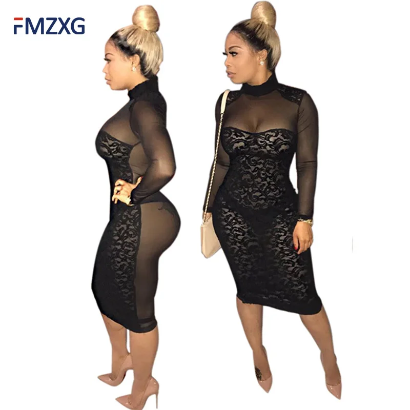 

Women Sexy Black Mesh Dress 2018 Spring Summer Long Sleeve Lace Transparant Black Bodycon Short Knee-length Club Party Dresses
