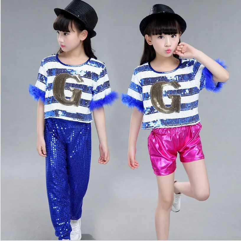 children girl boy performance Hip hop HIPHOP Jazz modern dance suit costume clothes hooded sequined costumes Pants clothing