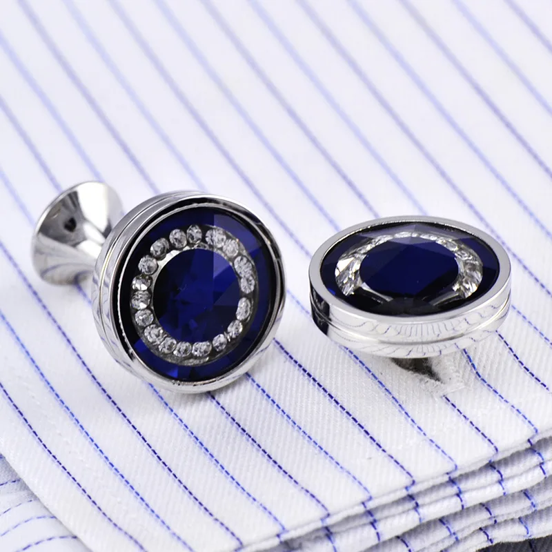 Ювелирные изделия, французские рубашки, модные запонки для мужчин, синий кристалл, запонки,, кнопка, высокое качество, свадебные мужские