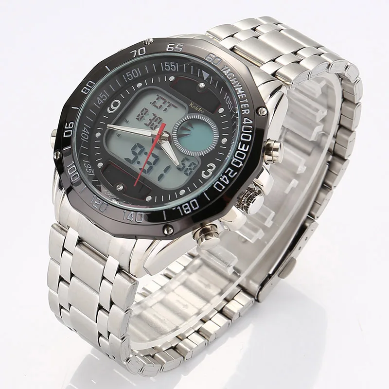 Новая мода Muilfunction самые популярные цвета спортивный Солнечный светодиодный двойной дисплей стальной ремешок кварцевые наручные часы LXH