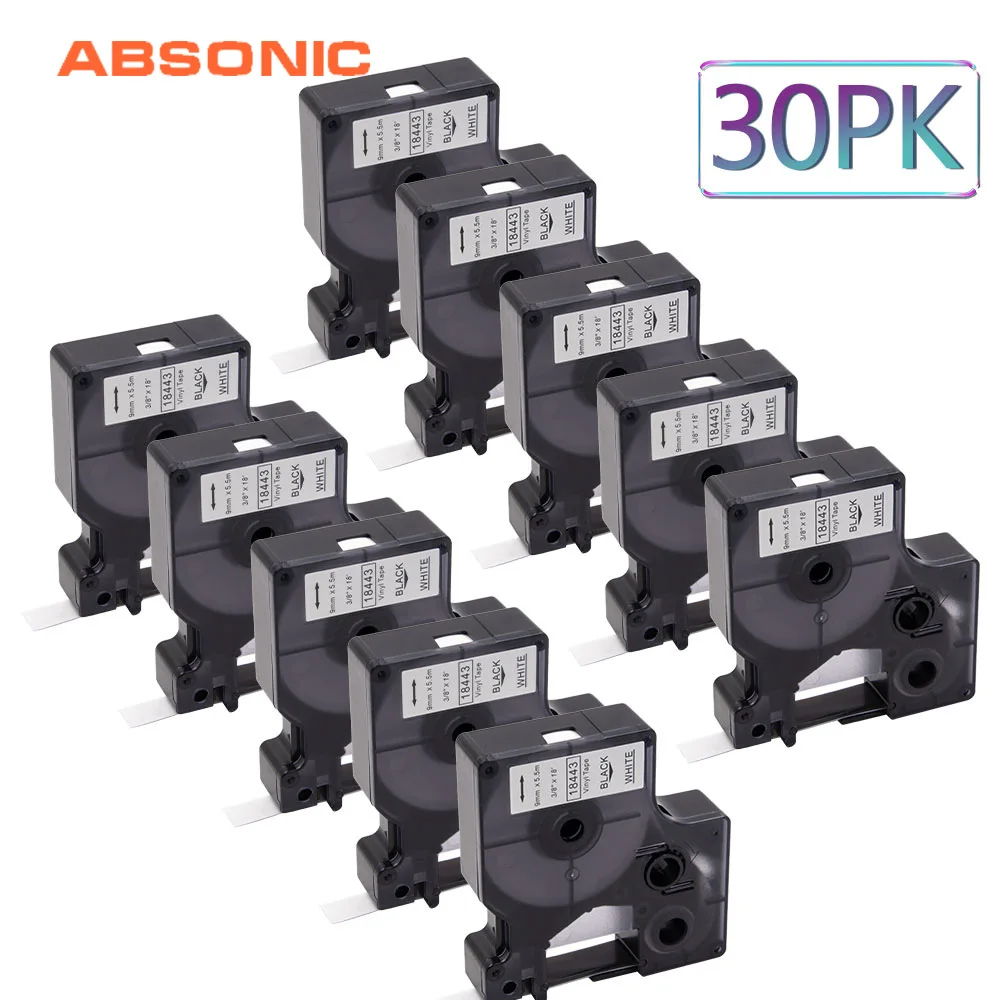 Absonic 30 шт. DYMO Rhino IND 18443 ленты виниловые черные на белом промышленные этикетки 9 мм * 5
