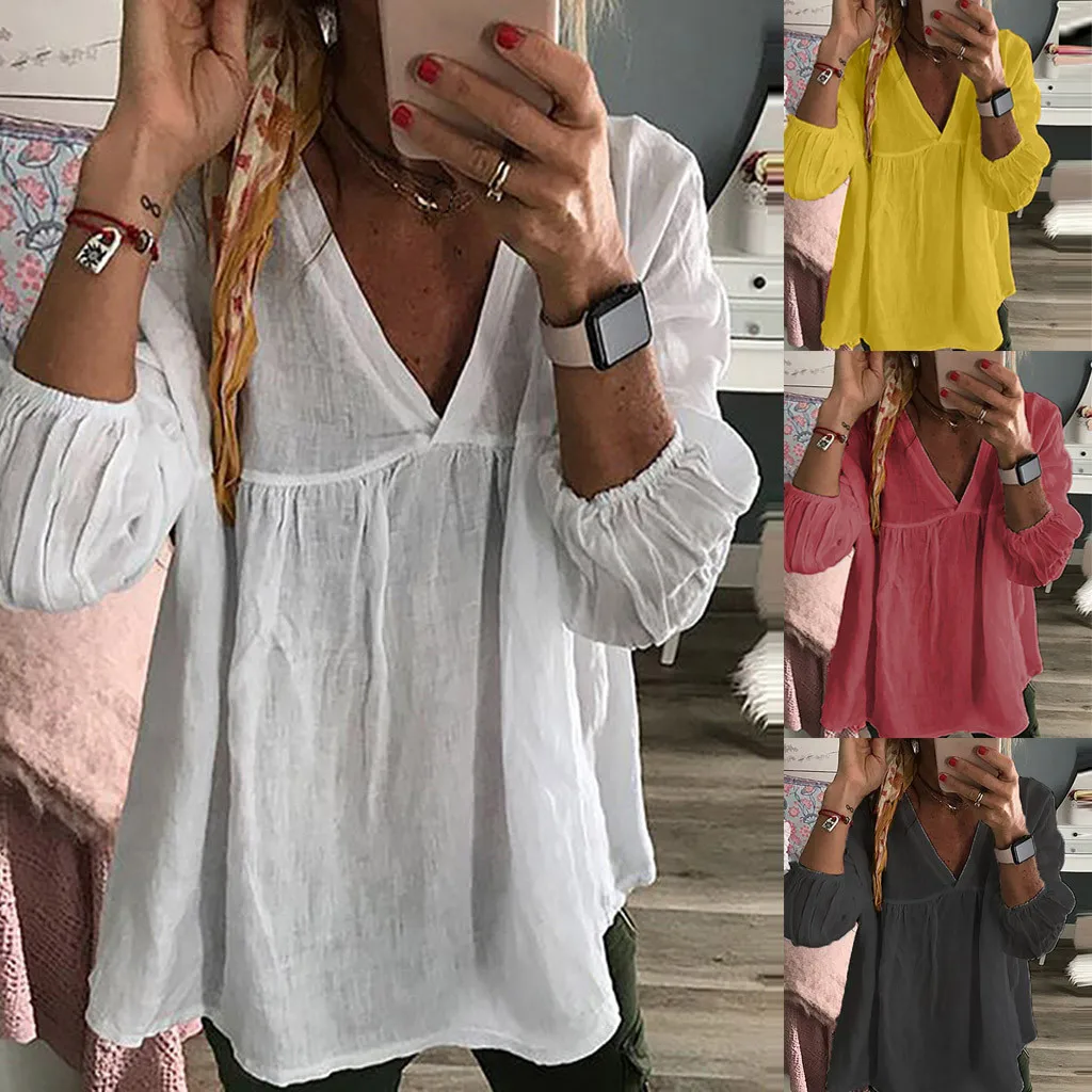 SAGACE женская рубашка блузки s 2019 сексуальная VNeck рукав 3/4 одноцветная хлопковая