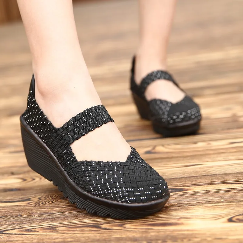 Для женщин ткань Клин Спортивная Обувь для прогулок, Летний стиль женский платформа Спортивная обувь Обувь для Для женщин