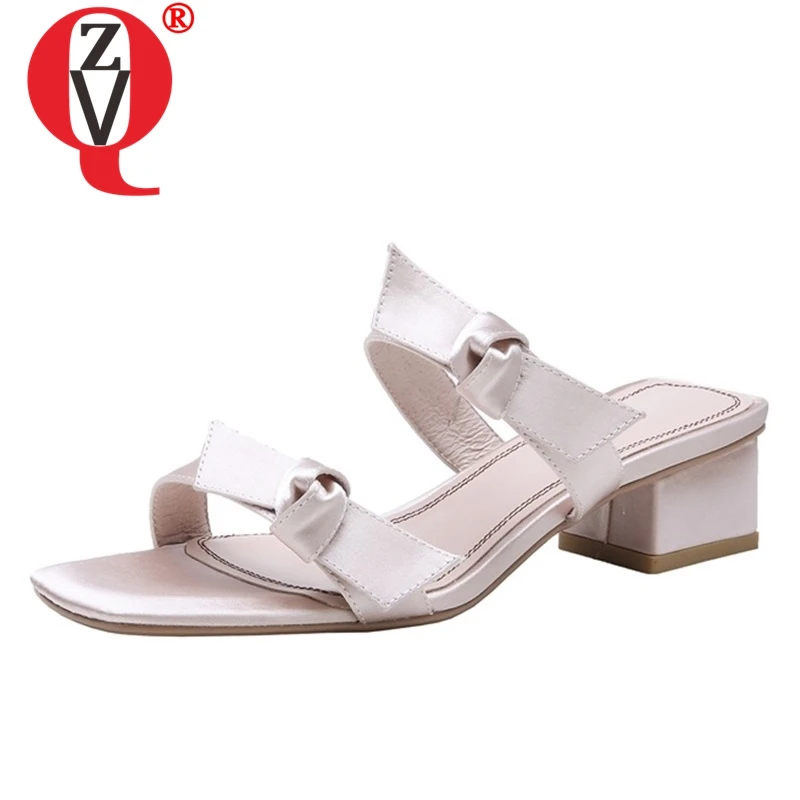 

ZVQ shoes woman 2019 summer new fashion sweet bowtie silk woman slippers outside med square heels three colors ladies sandals