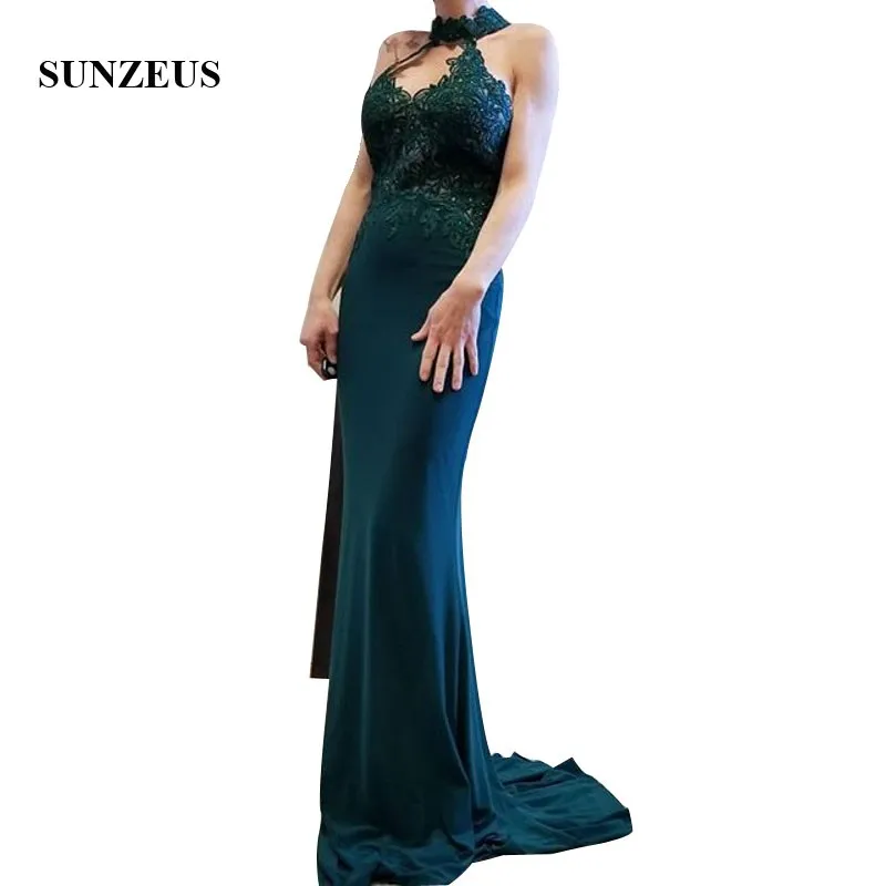 Lange Jersey Bruiloft Gast Jurk Hoge Hals Applicaties Vrouwen Partij Jassen Sexy Backless Bruid Moeder Jurk