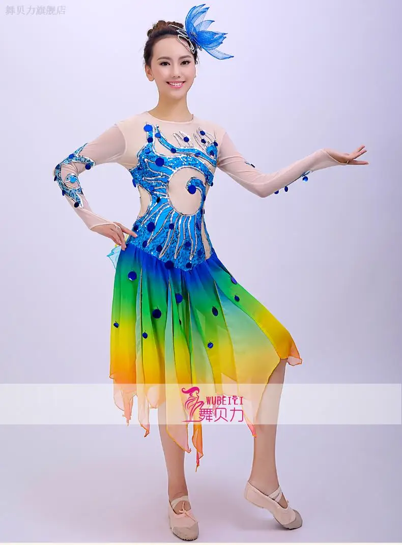 Китайская народная Танцевальный костюм рыбы этап платье Одежда для танцев костюмы павлина Традиционный китайский сценический костюм, одежда для выступлений