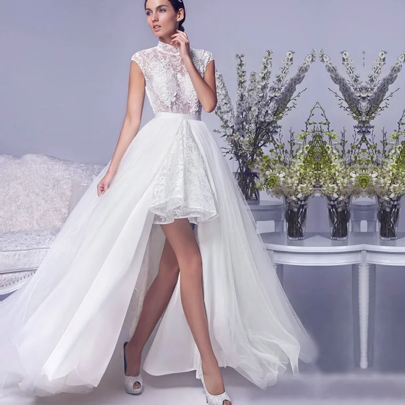 New Sexy Open Back Lace Wedding Dress Short Front Long Back High
