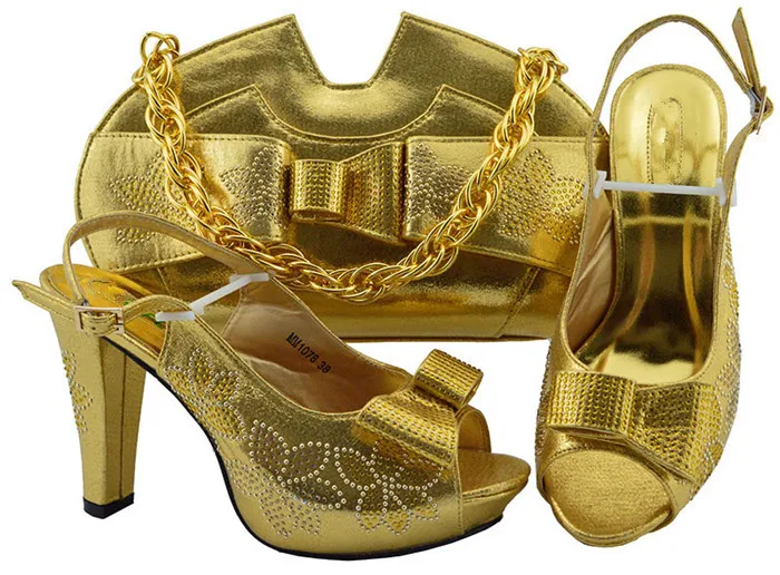 Изящные Вечерние комплект Африканский высокий каблук обувь и комплект с сумкой со стразами для модных леди MM1078 в золото, высота каблука 11,5