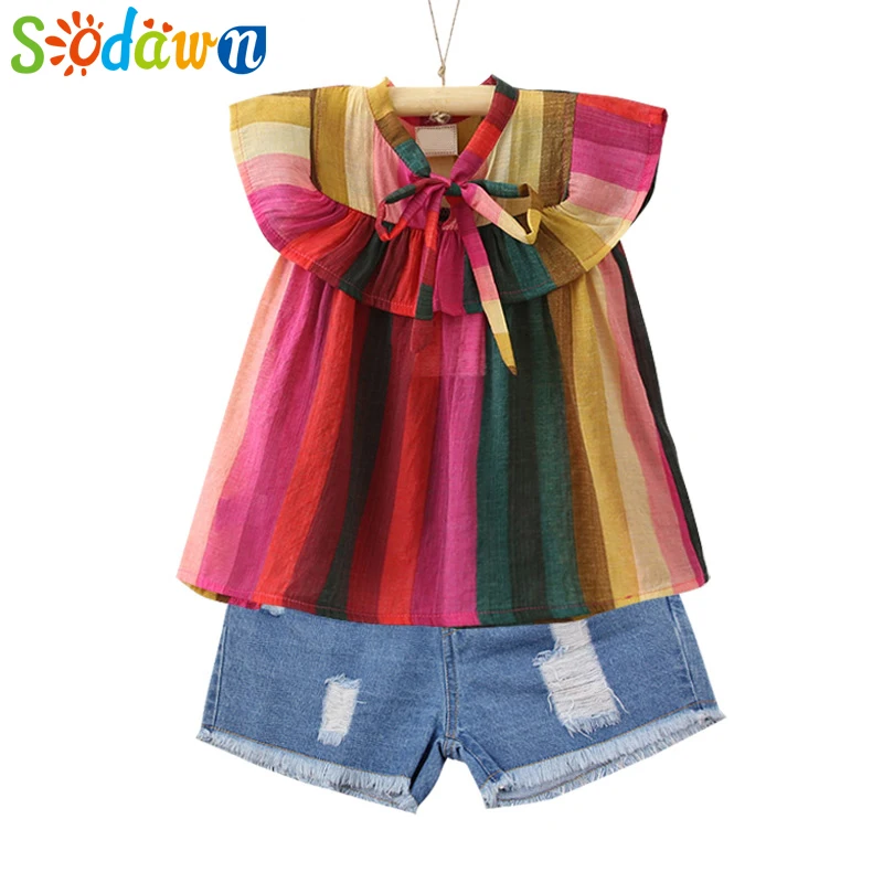 Sodawn/Летние Стильные комплекты одежды для девочек Полосатая Футболка с рукавами-бабочками+ короткая юбка с бантом комплекты для девочек из 2 предметов