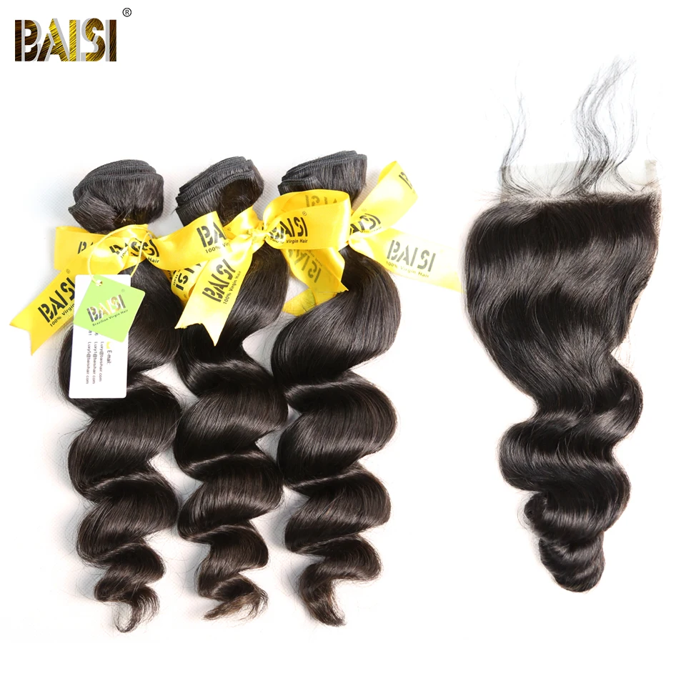 

BAISI Hair Unprocessed Brazilian Virgin Hair Loose Wave 3 Bundles with Lace Closure 100% Human Hair